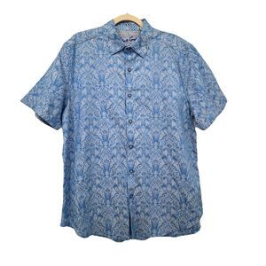 Robert Graham Mens Highland Short Sleeve Button Down Shirt Sz XL Blue Resort
